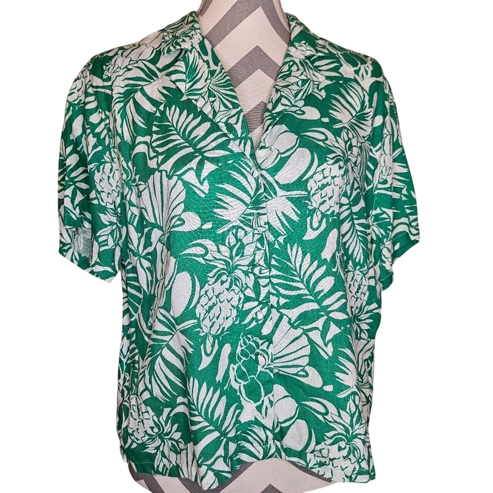 Nicole Miller Green White Tropical Floral Linen Button Up Top Coastal Grandma M‎